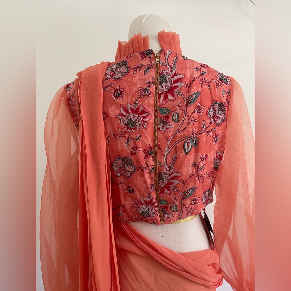 Floral Coral Dress with Sheer Sleeves - Picture 4 of 4